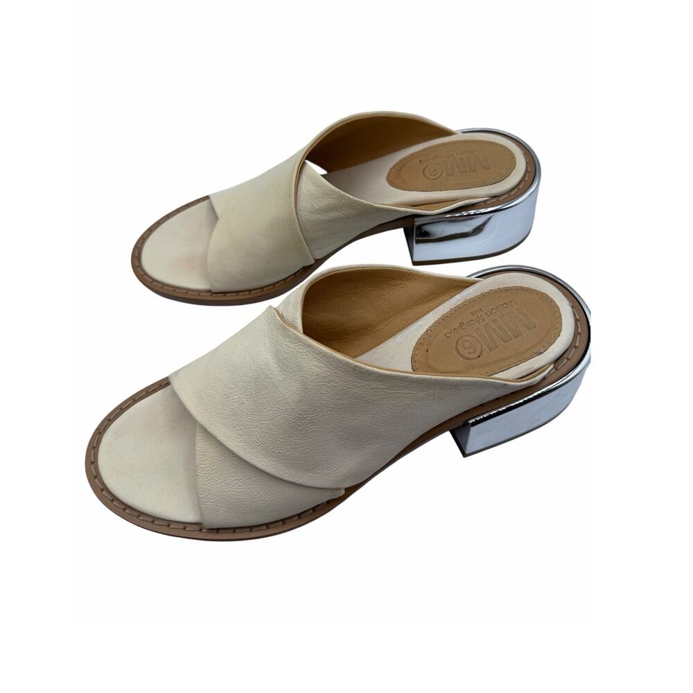 MM6 Maison Margiela Criss Cross Slide Sandal Cream Leather Metallic Block EU 38
